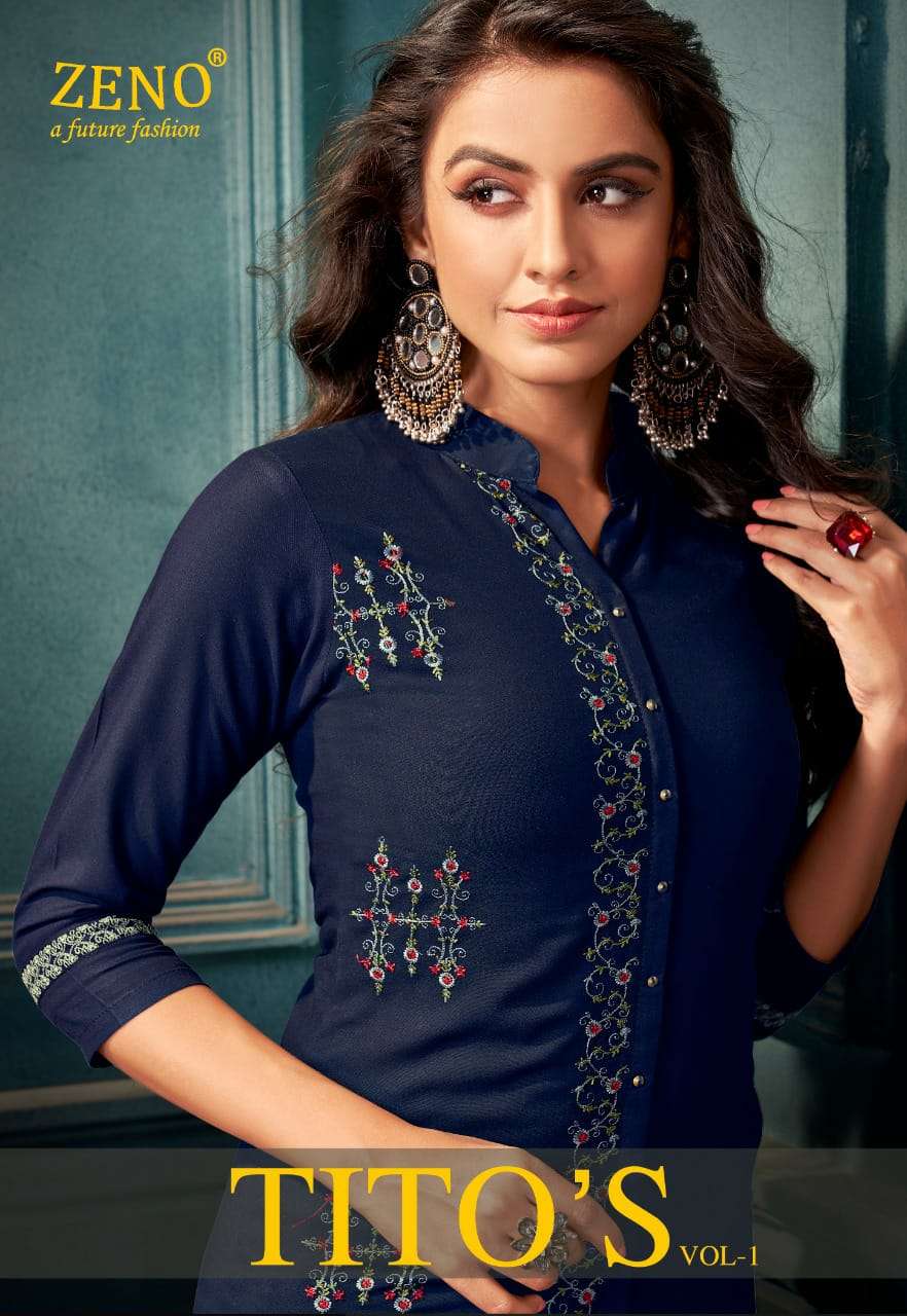 TITOS VOL-1 BY ZENO 1001 TO 1008 SERIES DESIGNER STYLISH FANCY COLORFUL BEAUTIFUL PARTY WEAR & ETHNIC WEAR COLLECTION RAYON EMBROIDERY KURTIS WITH BOTTOM AT WHOLESALE PRICE