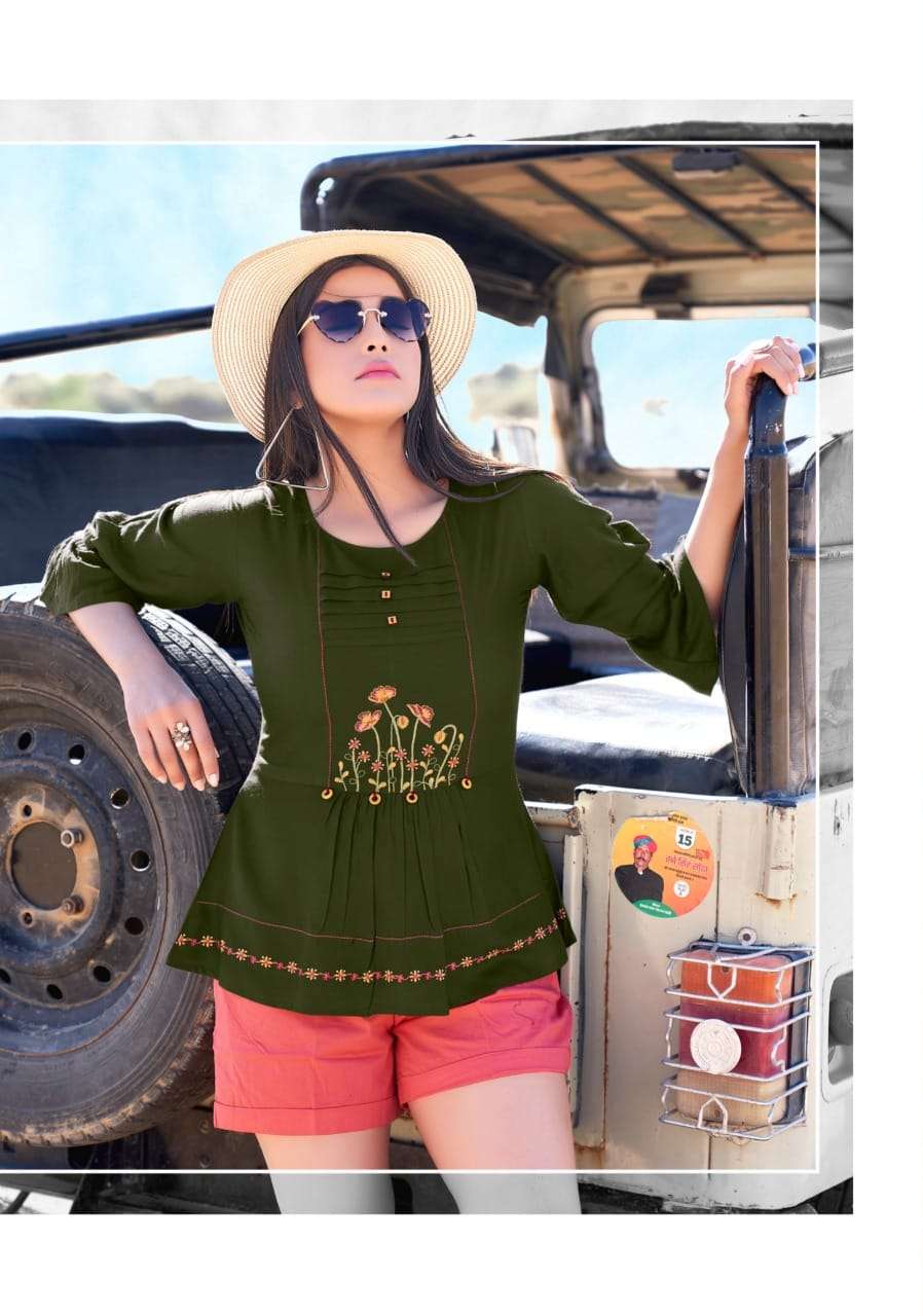 TOPSY VOL-14 BY YAMI FASHION 5441 TO 5449 SERIES BEAUTIFUL STYLISH FANCY COLORFUL CASUAL WEAR & ETHNIC WEAR HEAVY RAYON EMBROIDERED TOPS AT WHOLESALE PRICE
