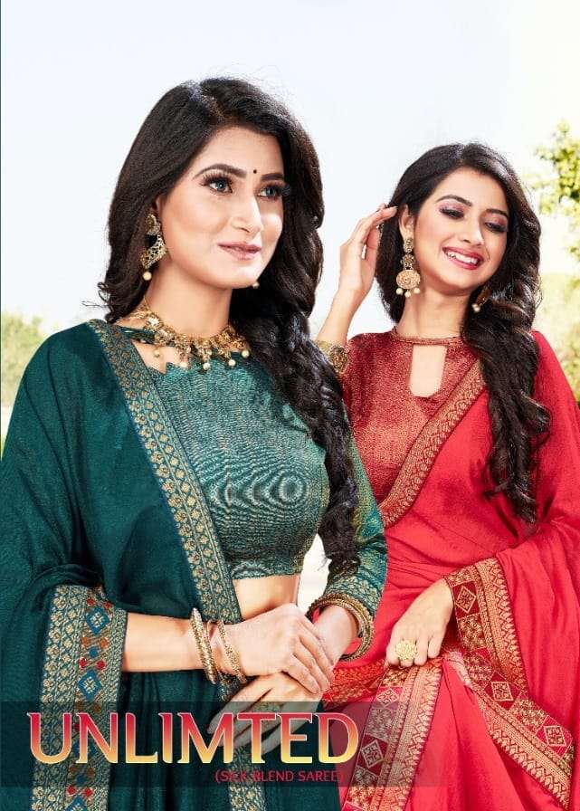 UNLIMITED BY RANJNA 1001 TO 1008 SERIES INDIAN TRADITIONAL WEAR COLLECTION BEAUTIFUL STYLISH FANCY COLORFUL PARTY WEAR & OCCASIONAL WEAR VICHITRA SILK SAREES AT WHOLESALE PRICE