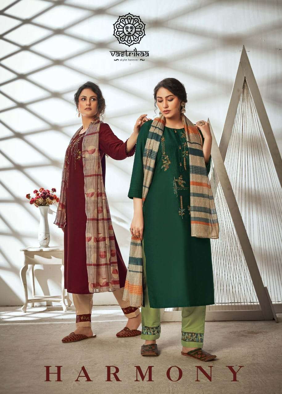 HARMONY BY VASTRIKAA 147 TO 152 SERIES BEAUTIFUL SUITS COLORFUL STYLISH FANCY CASUAL WEAR & ETHNIC WEAR CHINNON SILK EMBROIDERED DRESSES AT WHOLESALE PRICE