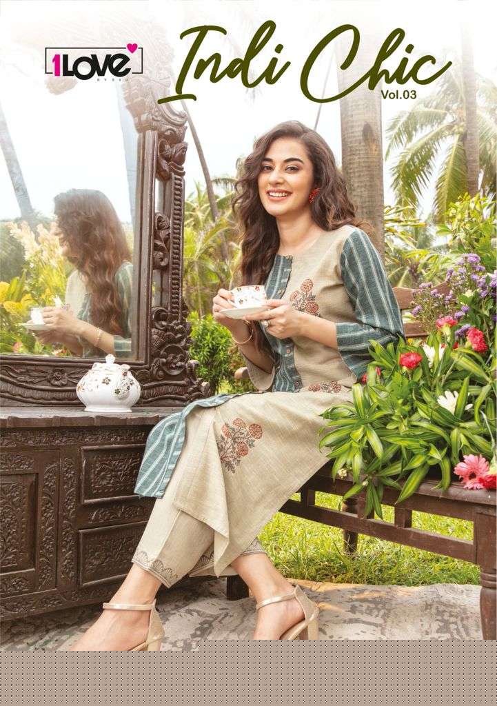 INDI CHIC VOL-3 BY 1 LOVE 301 TO 309 SERIES DESIGNER STYLISH FANCY COLORFUL BEAUTIFUL PARTY WEAR & ETHNIC WEAR COLLECTION HANDLOOM COTTON KURTIS WITH BOTTOM AT WHOLESALE PRICE