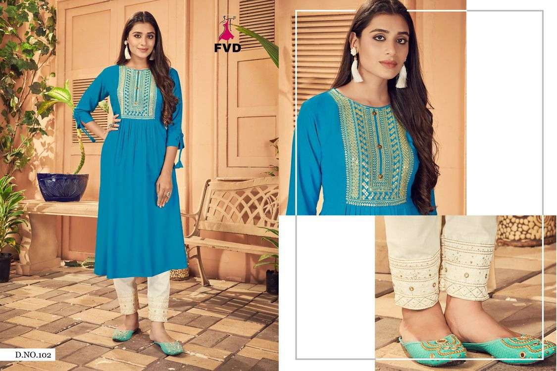 KESHAR BY FVD 101 TO 108 SERIES DESIGNER STYLISH FANCY COLORFUL BEAUTIFUL PARTY WEAR & ETHNIC WEAR COLLECTION RAYON PRINT KURTIS WITH BOTTOM AT WHOLESALE PRICE