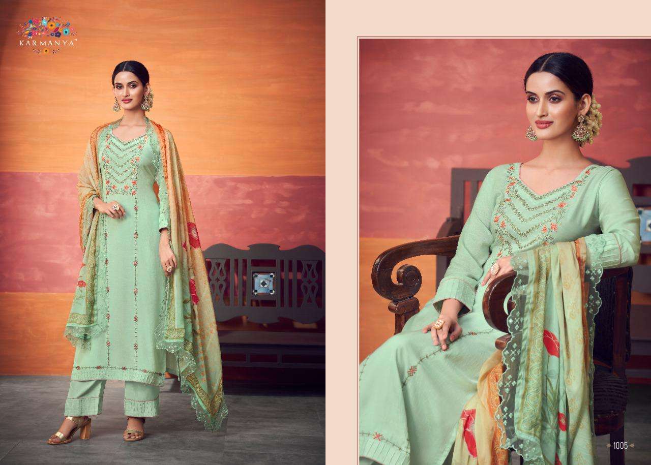 KARMANYA 1004 SERIES BY KARMANYA 1004 TO 1006 SERIES BEAUTIFUL SUITS COLORFUL STYLISH FANCY CASUAL WEAR & ETHNIC WEAR PURE MUSLIN EMBROIDERED DRESSES AT WHOLESALE PRICE