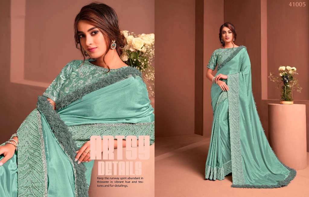MODERN VIBES BY INDO VASTRA 41004 TO 41019 SERIES INDIAN TRADITIONAL WEAR COLLECTION BEAUTIFUL STYLISH FANCY COLORFUL PARTY WEAR & OCCASIONAL WEAR SATIN/SILK SAREES AT WHOLESALE PRICE
