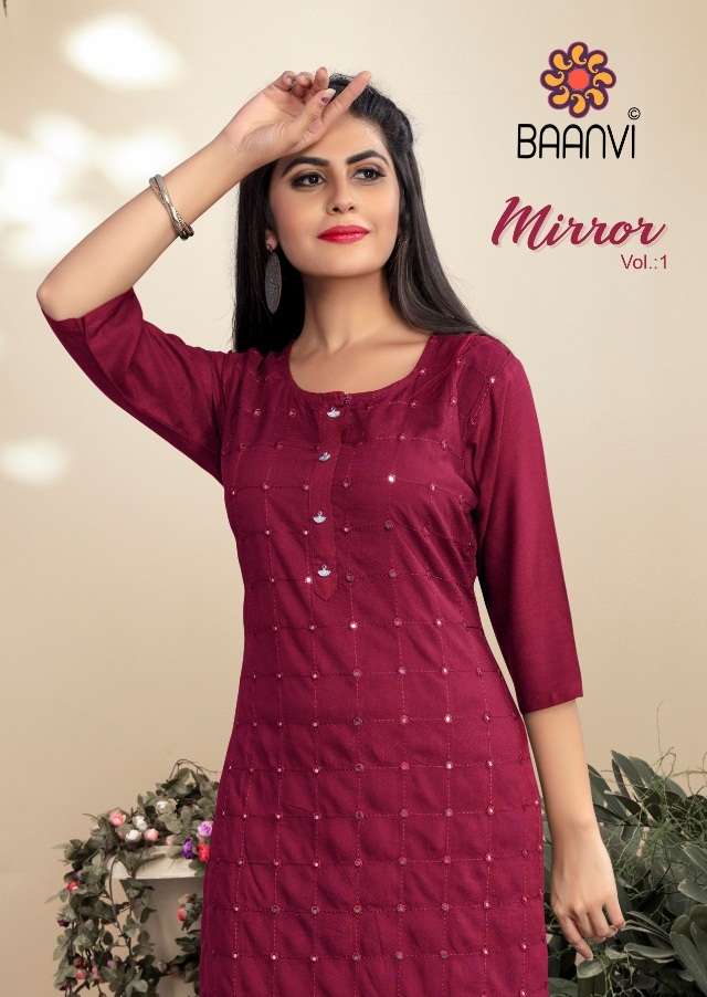 MIRROR BY BAANVI 101 TO 106 SERIES DESIGNER STYLISH FANCY COLORFUL BEAUTIFUL PARTY WEAR & ETHNIC WEAR COLLECTION RAYON SLUB WITH WORK KURTIS AT WHOLESALE PRICE