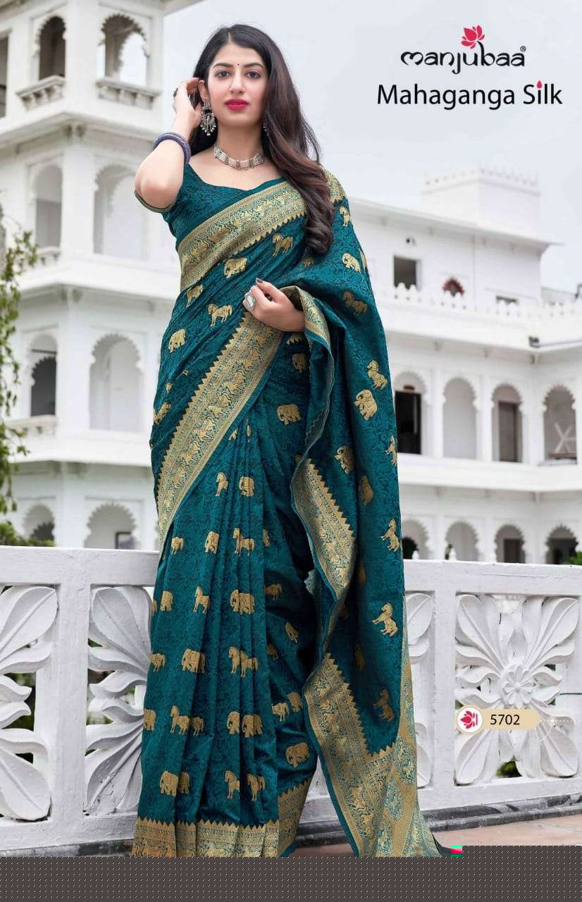 MAHAGANGA SILK BY MANJUBAA CLOTHING 5701 TO 5708 SERIES INDIAN TRADITIONAL WEAR COLLECTION BEAUTIFUL STYLISH FANCY COLORFUL PARTY WEAR & OCCASIONAL WEAR SILK SAREES AT WHOLESALE PRICE