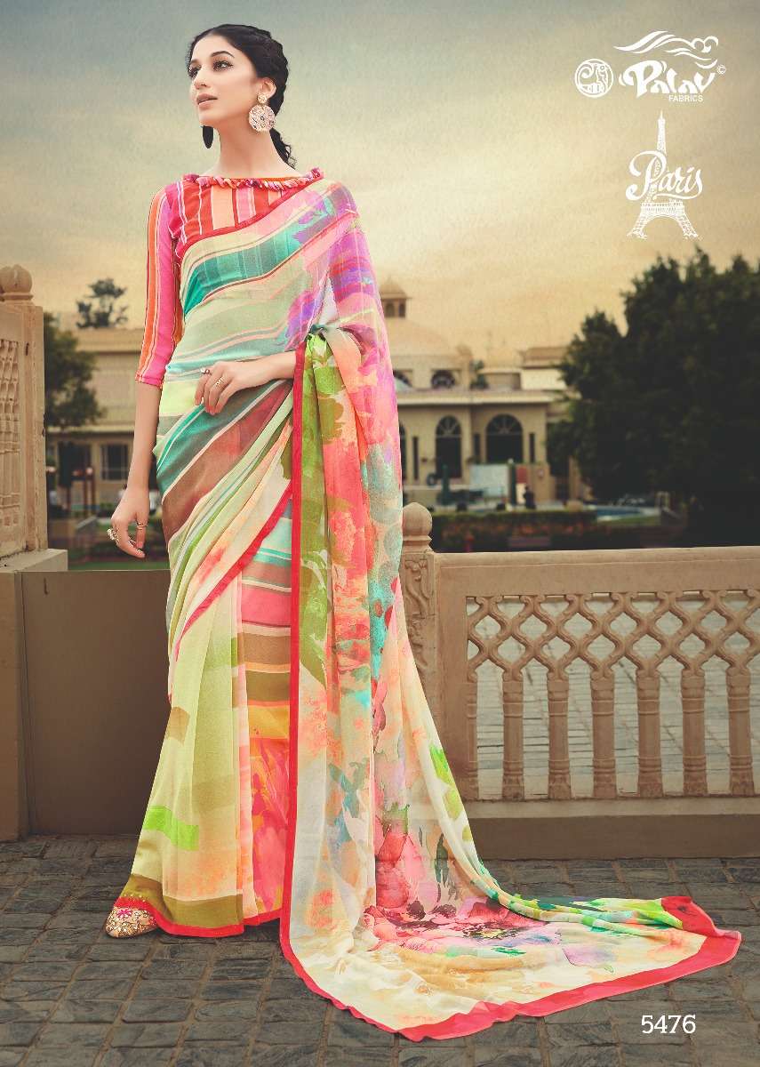 PARIS BY PALAV 5475 TO 5484 SERIES INDIAN TRADITIONAL WEAR COLLECTION BEAUTIFUL STYLISH FANCY COLORFUL PARTY WEAR & OCCASIONAL WEAR PURE GEORGETTE SAREES AT WHOLESALE PRICE