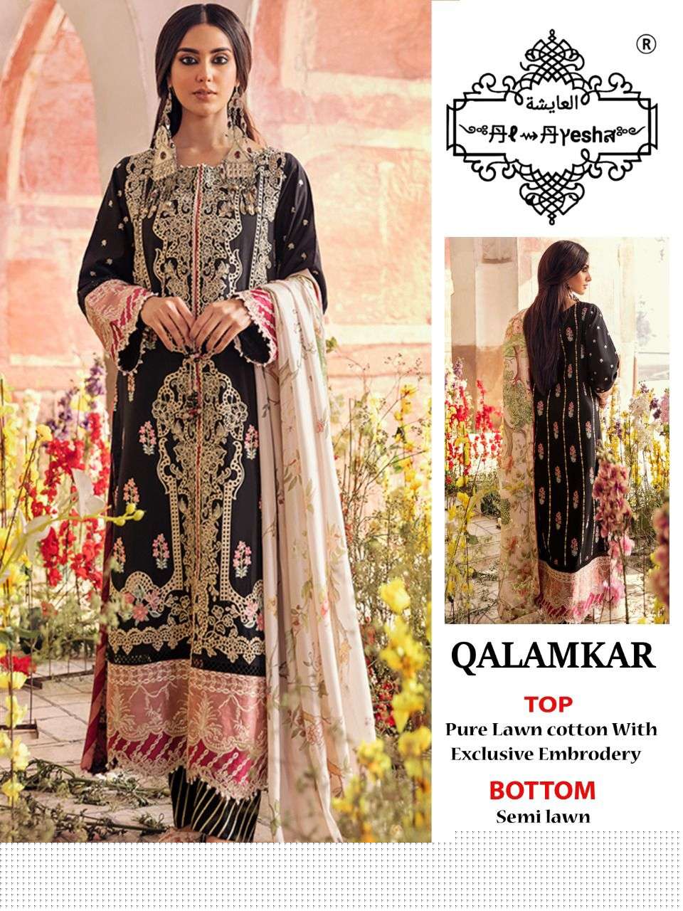 QALAMKAR BY AL AYESHA DESIGNER PAKISTANI SUITS BEAUTIFUL FANCY COLORFUL STYLISH PARTY WEAR & OCCASIONAL WEAR PURE LAWN COTTON PRINT EMBROIDERY DRESSES AT WHOLESALE PRICE