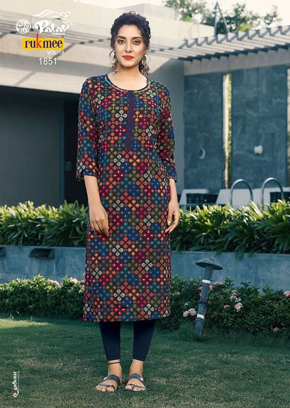 RUKMEE VOL-18 BY PALAV 1850 TO 1859 SERIES DESIGNER STYLISH FANCY COLORFUL BEAUTIFUL PARTY WEAR & ETHNIC WEAR COLLECTION RAYON KURTIS AT WHOLESALE PRICE