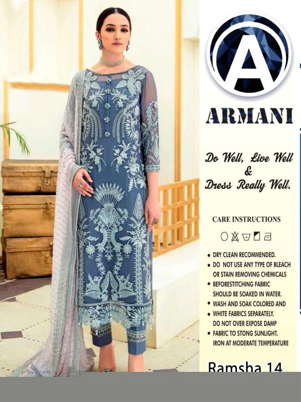 RAMSHA 14 BY ARMANI PAKISTANI SUITS BEAUTIFUL FANCY COLORFUL STYLISH PARTY WEAR & OCCASIONAL WEAR BUTTERFLY NET WITH EMBROIDERY DRESSES AT WHOLESALE PRICE