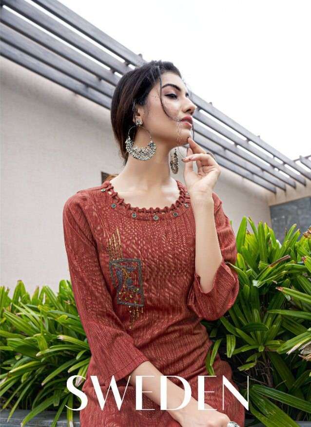 SWEDEN BY SWEETY FASHION 1001 TO 1006 SERIES DESIGNER STYLISH FANCY COLORFUL BEAUTIFUL PARTY WEAR & ETHNIC WEAR COLLECTION RAYON WITH WORK KURTIS AT WHOLESALE PRICE