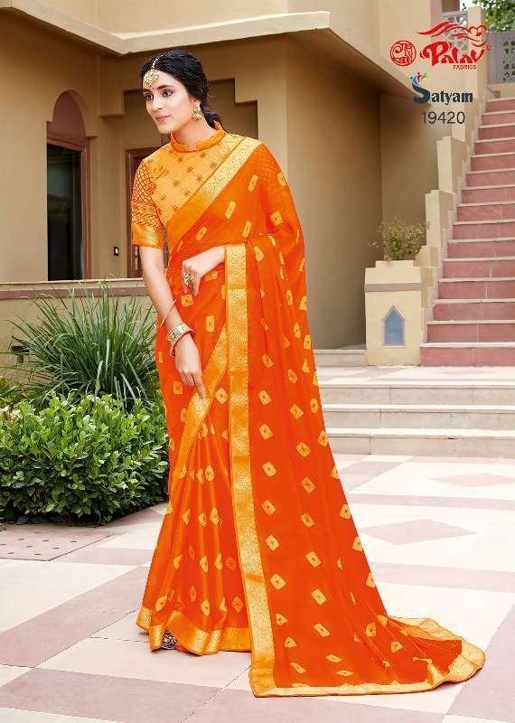 SATYAM BY PALAV 19419 TO 19422 SERIES INDIAN TRADITIONAL WEAR COLLECTION BEAUTIFUL STYLISH FANCY COLORFUL PARTY WEAR & OCCASIONAL WEAR CHIFFON SAREES AT WHOLESALE PRICE