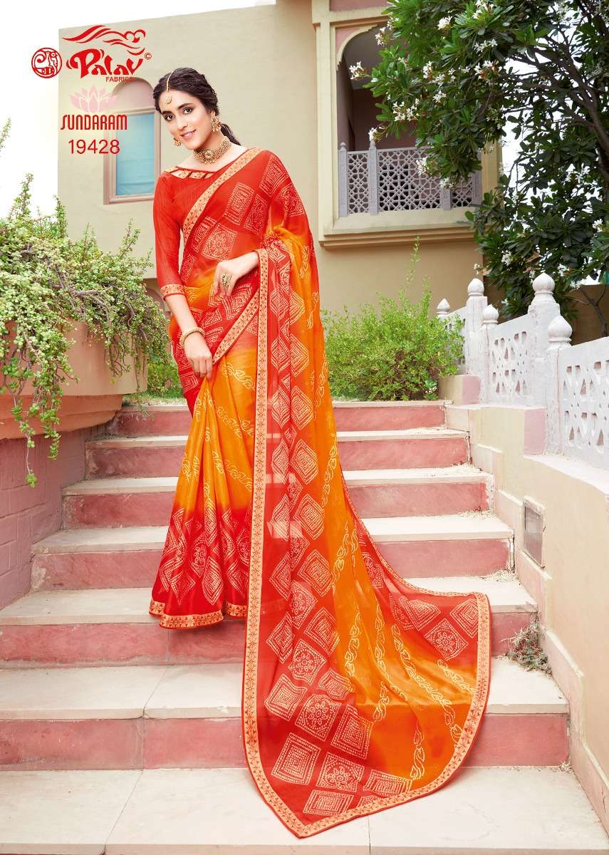 SUNDARAM BY PALAV 19427 TO 19430 SERIES INDIAN TRADITIONAL WEAR COLLECTION BEAUTIFUL STYLISH FANCY COLORFUL PARTY WEAR & OCCASIONAL WEAR CHIFFON SAREES AT WHOLESALE PRICE