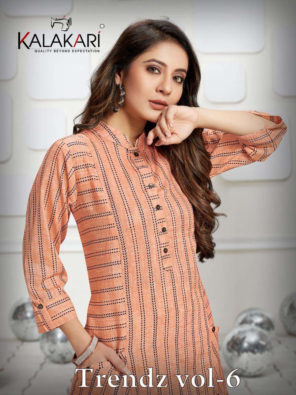 TRENDZ VOL-6 BY KALAKARI 1001 TO 1004 SERIES DESIGNER STYLISH FANCY COLORFUL BEAUTIFUL PARTY WEAR & ETHNIC WEAR COLLECTION RAYON WEAVING KURTIS AT WHOLESALE PRICE