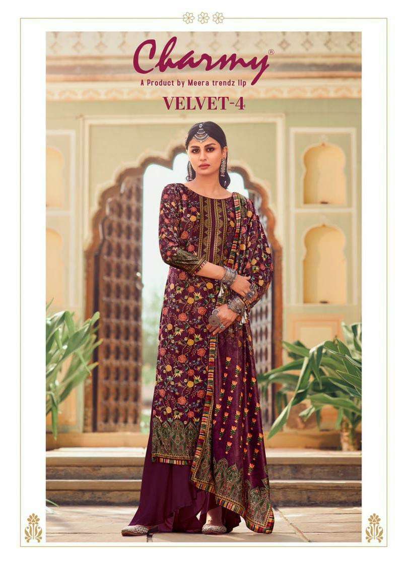VELVET VOL-4 BY CHARMY 2901 TO 2908 SERIES BEAUTIFUL STYLISH SHARARA SUITS FANCY COLORFUL CASUAL WEAR & ETHNIC WEAR & READY TO WEAR VELVET DIGITAL PRINTED DRESSES AT WHOLESALE PRICE