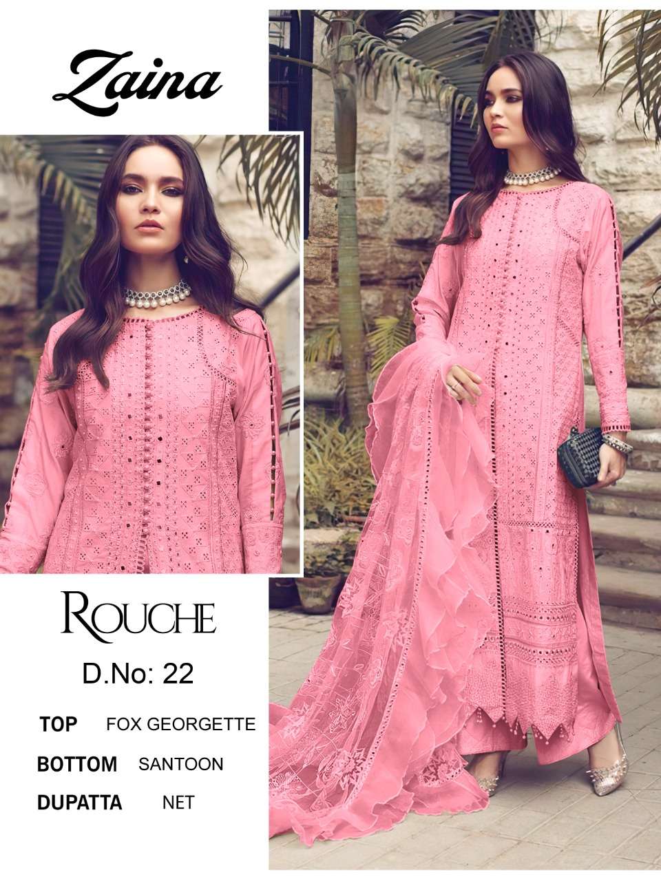 ZAINA VOL-2 BY ROUCHE 21 TO 24 SERIES DESIGNER PAKISTANI SUITS BEAUTIFUL STYLISH FANCY COLORFUL PARTY WEAR & OCCASIONAL WEAR FAUX GEORGETTE EMBROIDERED DRESSES AT WHOLESALE PRICE