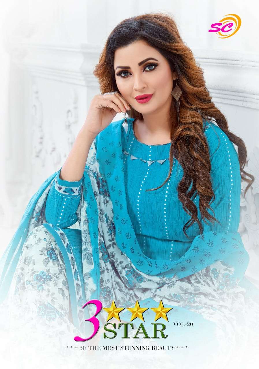3STAR VOL-20 BY SHREENATH CREATION 3001 TO 3012 SERIES BEAUTIFUL STYLISH SHARARA SUITS FANCY COLORFUL CASUAL WEAR & ETHNIC WEAR & READY TO WEAR COTTON PRINTED DRESSES AT WHOLESALE PRICE