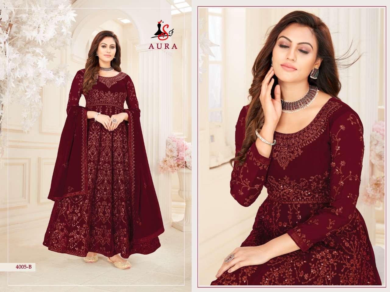 AURA 4005 COLOURS BY STYLE FASHION 4005-A TO 4005-E SERIES BEAUTIFUL STYLISH ANARKALI SUITS FANCY COLORFUL CASUAL WEAR & ETHNIC WEAR & READY TO WEAR BLOOMING GEORGETTE DRESSES AT WHOLESALE PRICE