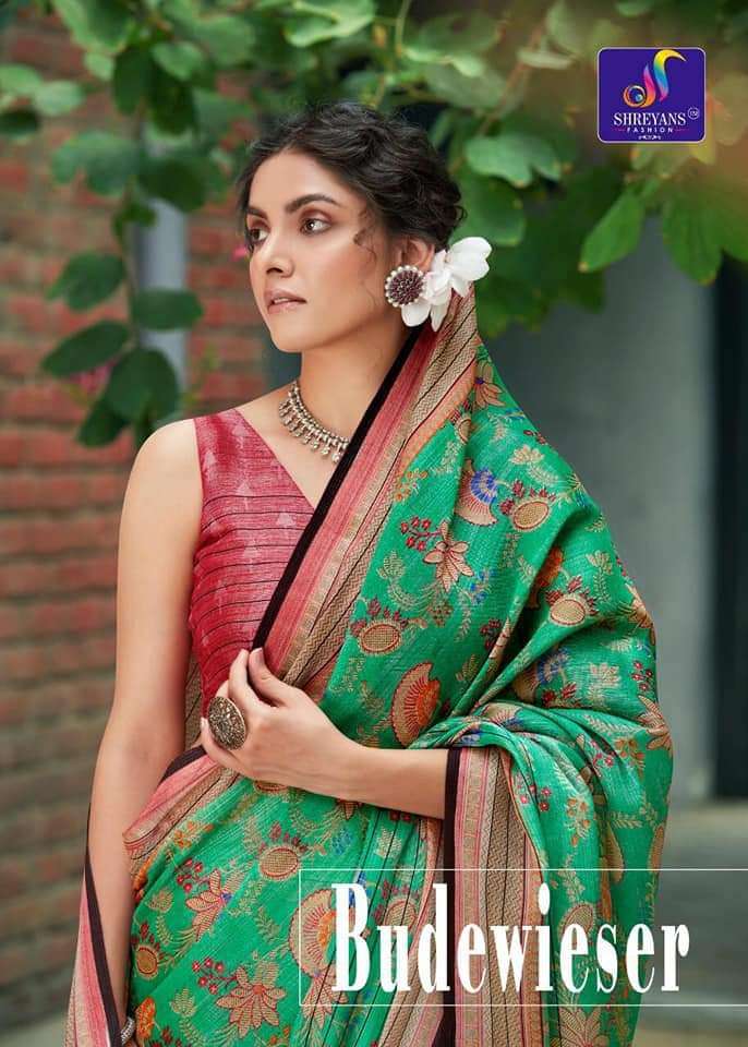 BUDEWIESER BY SHREYANS 01 TO 08 SERIES INDIAN TRADITIONAL WEAR COLLECTION BEAUTIFUL STYLISH FANCY COLORFUL PARTY WEAR & OCCASIONAL WEAR PURE LINEN SAREES AT WHOLESALE PRICE