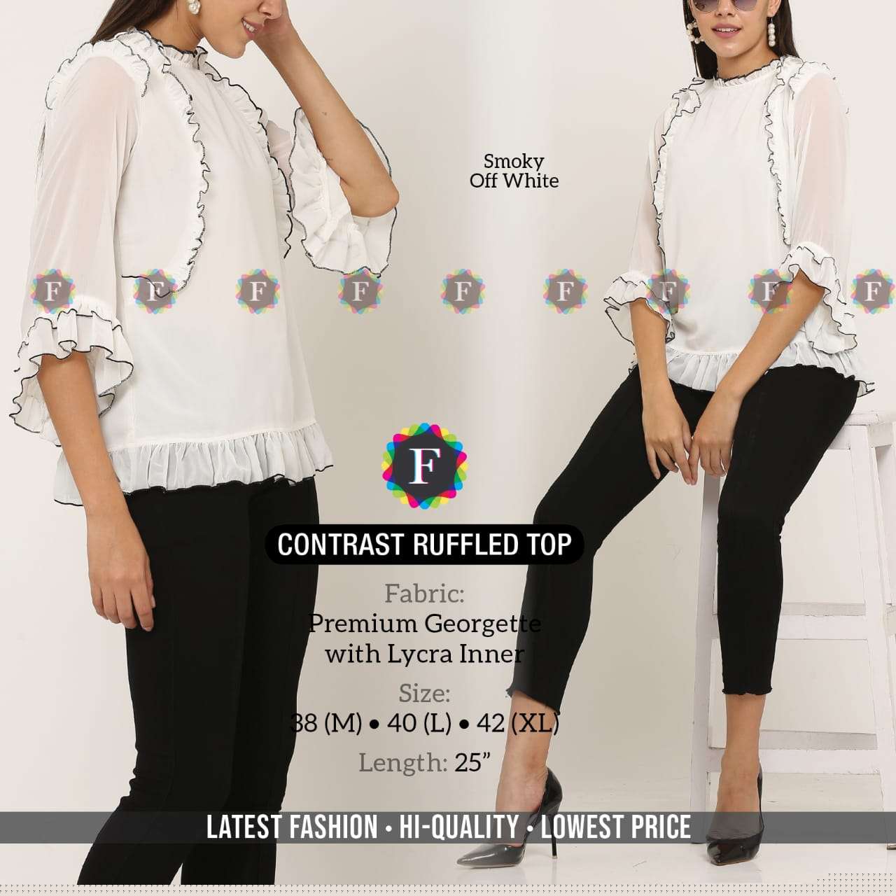 CONTRAST RUFFLED TOP BY FIESTA 01 TO 08 SERIES BEAUTIFUL STYLISH FANCY COLORFUL CASUAL WEAR & ETHNIC WEAR PREMIUM GEORGETTE TOPS AT WHOLESALE PRICE