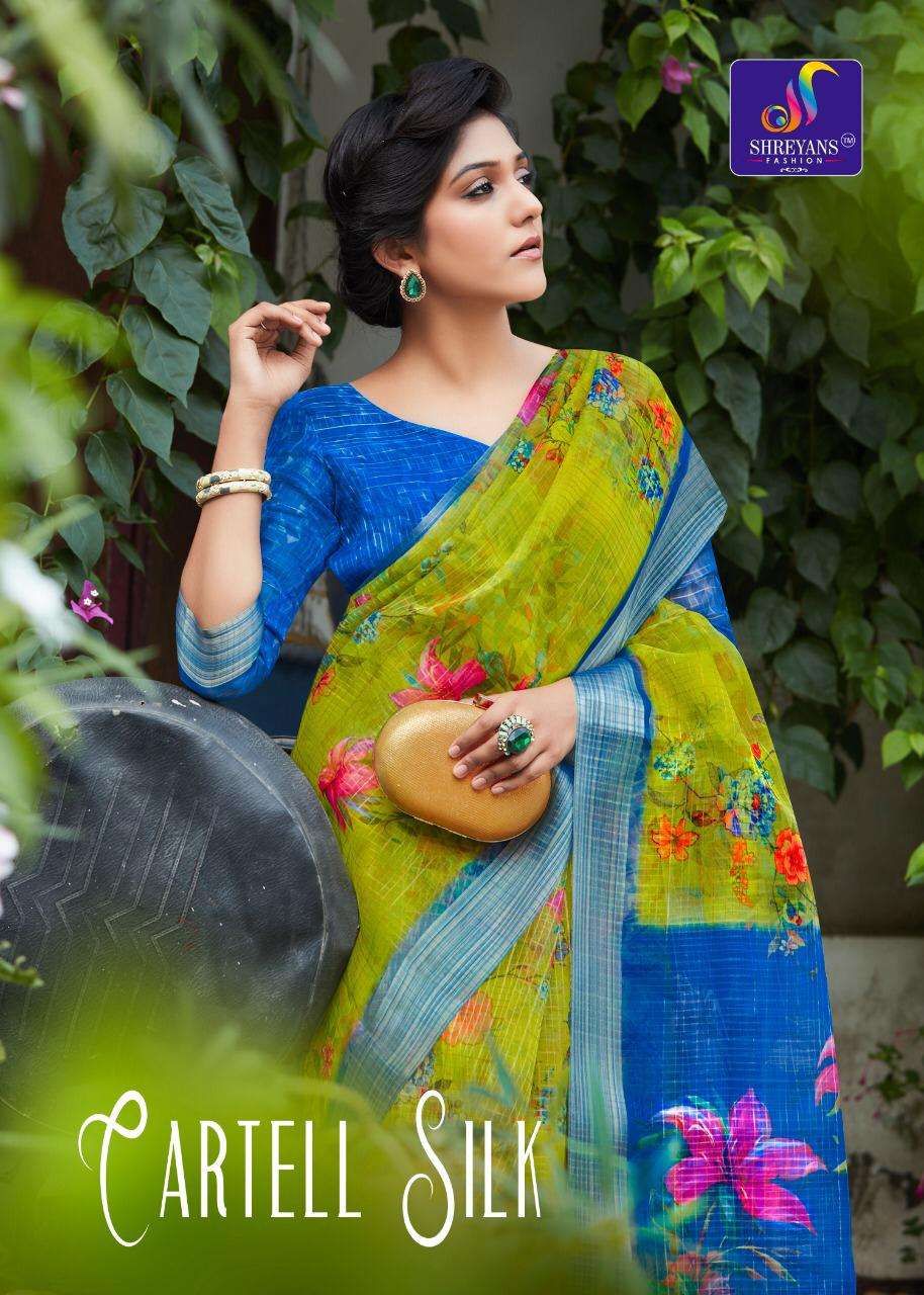 CARTELL SILK BY SHREYANS 01 TO 12 SERIES INDIAN TRADITIONAL WEAR COLLECTION BEAUTIFUL STYLISH FANCY COLORFUL PARTY WEAR & OCCASIONAL WEAR ORGANZA DIGITAL PRINT SAREES AT WHOLESALE PRICE