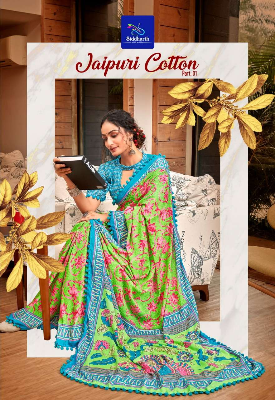 JAIPURI COTTON VOL-1 BY SIDDHANT WEAVES 9001 TO 9012 SERIES INDIAN TRADITIONAL WEAR COLLECTION BEAUTIFUL STYLISH FANCY COLORFUL PARTY WEAR & OCCASIONAL WEAR SOFT COTTON SAREES AT WHOLESALE PRICE