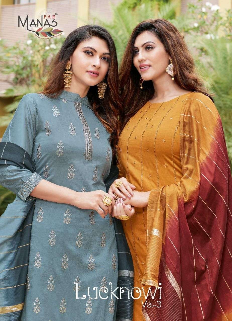 LUCKNOWI VOL-3 BY MANAS FAB 1003 TO 1008 SERIES BEAUTIFUL SUITS COLORFUL STYLISH FANCY CASUAL WEAR & ETHNIC WEAR FANCY DRESSES AT WHOLESALE PRICE