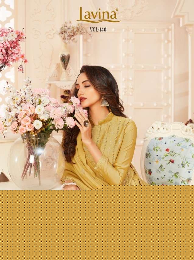 LAVINA VOL-140 BY LAVINA 140-001 TO 140-004 SERIES BEAUTIFUL SHARARA SUITS STYLISH FANCY COLORFUL CASUAL WEAR & ETHNIC WEAR CHINNON EMBROIDERED DRESSES AT WHOLESALE PRICE