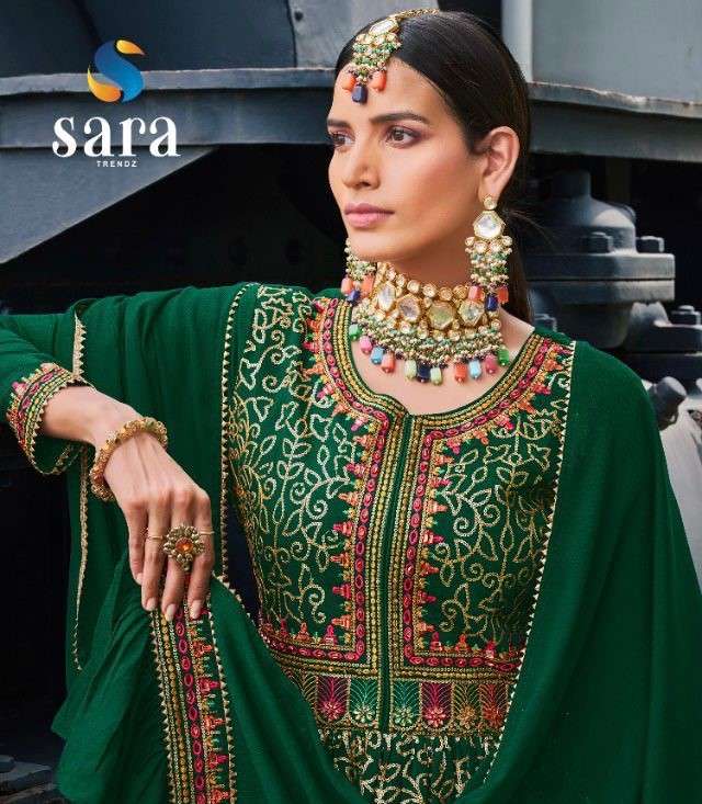 MANDAGINI BY SARA TRENDZ 2601 TO 2604 SERIES BEAUTIFUL STYLISH SHARARA SUITS FANCY COLORFUL CASUAL WEAR & ETHNIC WEAR & READY TO WEAR CHINNON EMBROIDERED DRESSES AT WHOLESALE PRICE
