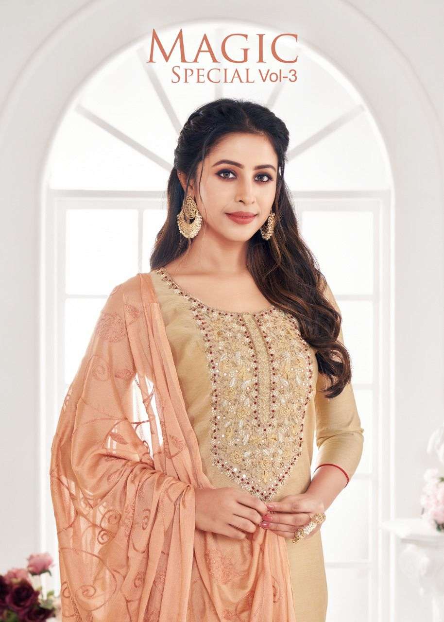 MAGIC SPECIAL VOL-3 BY SHAGUN 3001 TO 3008 SERIES BEAUTIFUL STYLISH SHARARA SUITS FANCY COLORFUL CASUAL WEAR & ETHNIC WEAR & READY TO WEAR MIX DRESSES AT WHOLESALE PRICE
