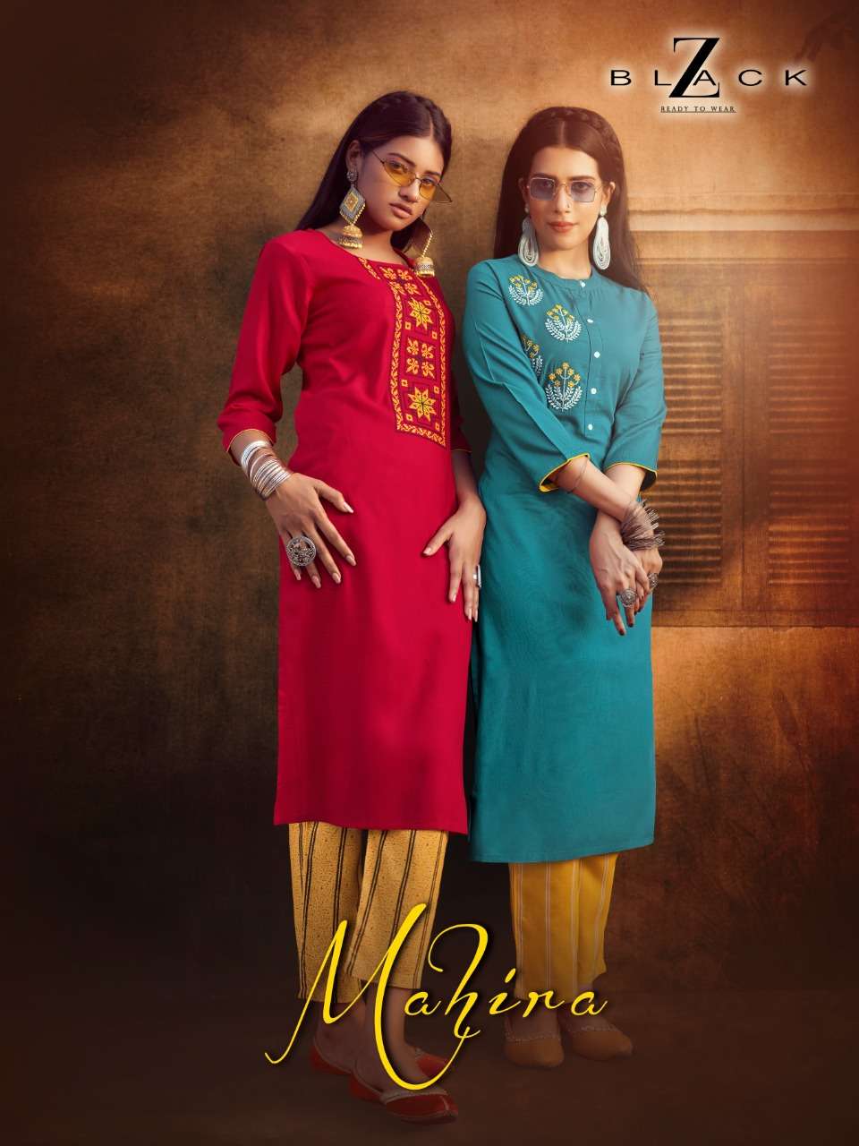 MAHIRA BY Z BLACK 1001 TO 1006 SERIES DESIGNER STYLISH FANCY COLORFUL BEAUTIFUL PARTY WEAR & ETHNIC WEAR COLLECTION RAYON EMBROIDERY KURTIS WITH BOTTOM AT WHOLESALE PRICE