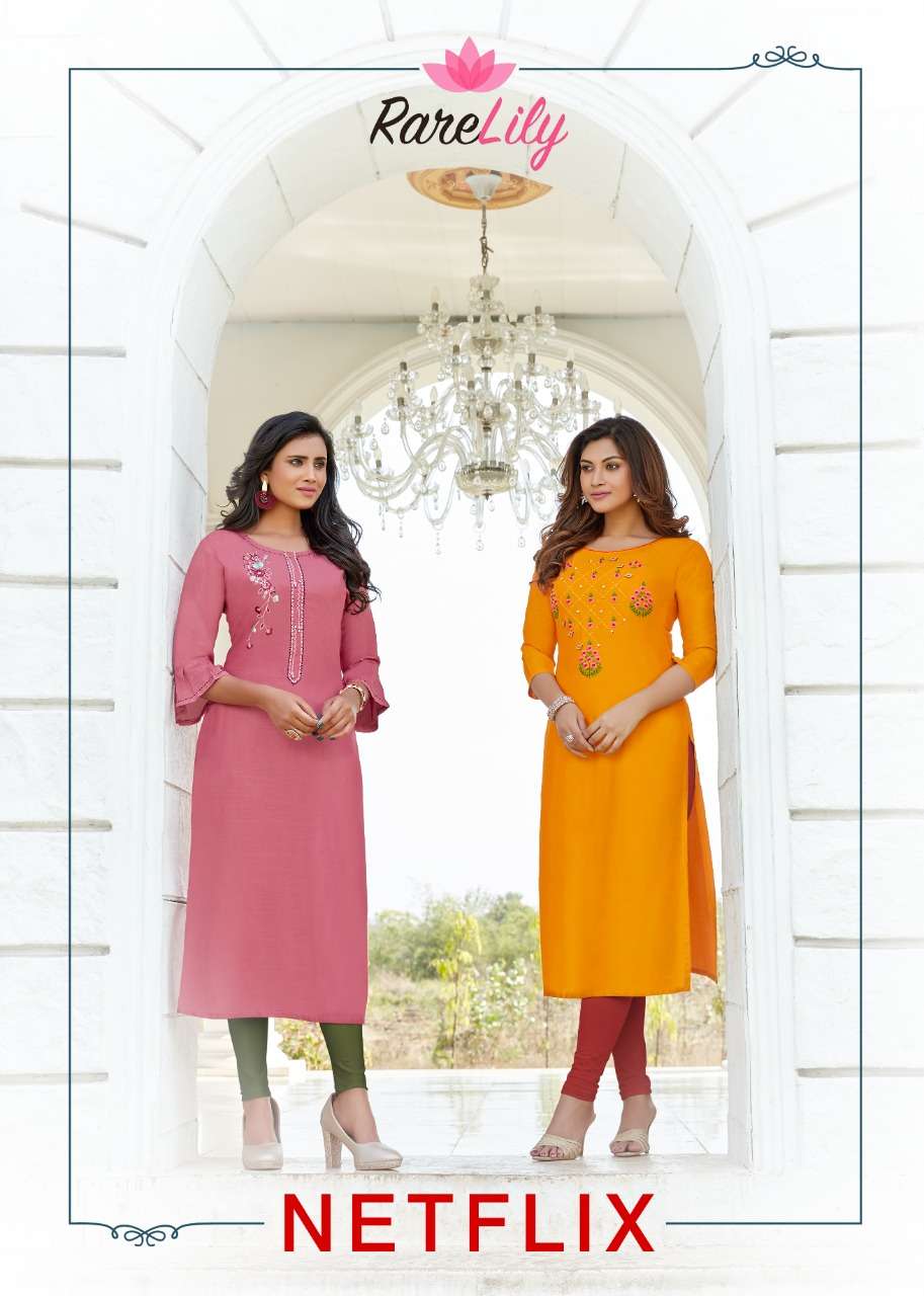 NETFLIX BY RARE LILY 2001 TO 2009 SERIES DESIGNER STYLISH FANCY COLORFUL BEAUTIFUL PARTY WEAR & ETHNIC WEAR COLLECTION RAYON WITH WORK KURTIS AT WHOLESALE PRICE