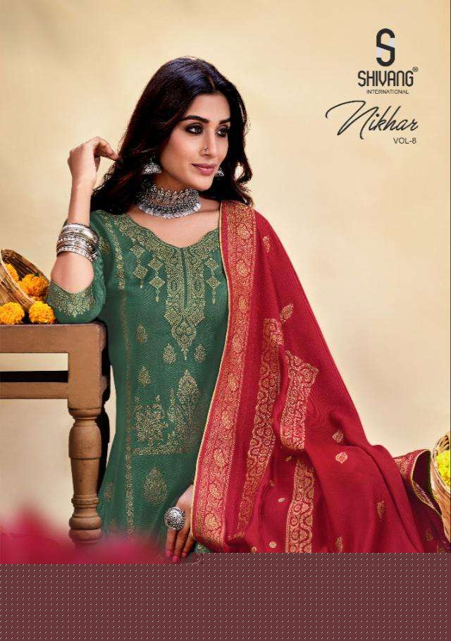 NIKHAR VOL-8 BY SHIVANG INTERNATIONAL 8001 TO 8008 SERIES BEAUTIFUL STYLISH SUITS FANCY COLORFUL CASUAL WEAR & ETHNIC WEAR & READY TO WEAR PASHMINA VISCOSE JACQUARD DRESSES AT WHOLESALE PRICE