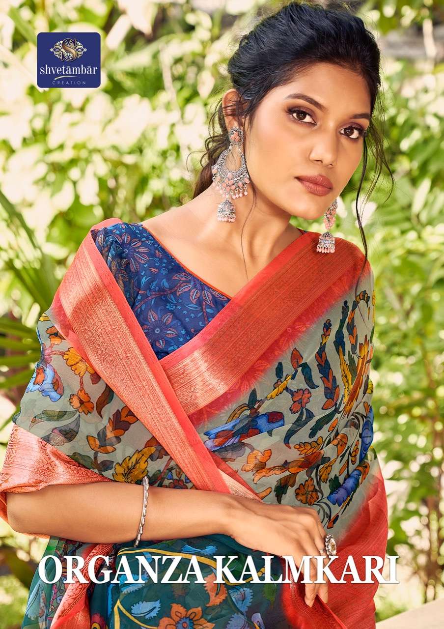 ORGANZA KALAMKARI BY SHVETAMBAR CREATION 01 TO 08 SERIES INDIAN TRADITIONAL WEAR COLLECTION BEAUTIFUL STYLISH FANCY COLORFUL PARTY WEAR & OCCASIONAL WEAR ORGANZA SILK SAREES AT WHOLESALE PRICE