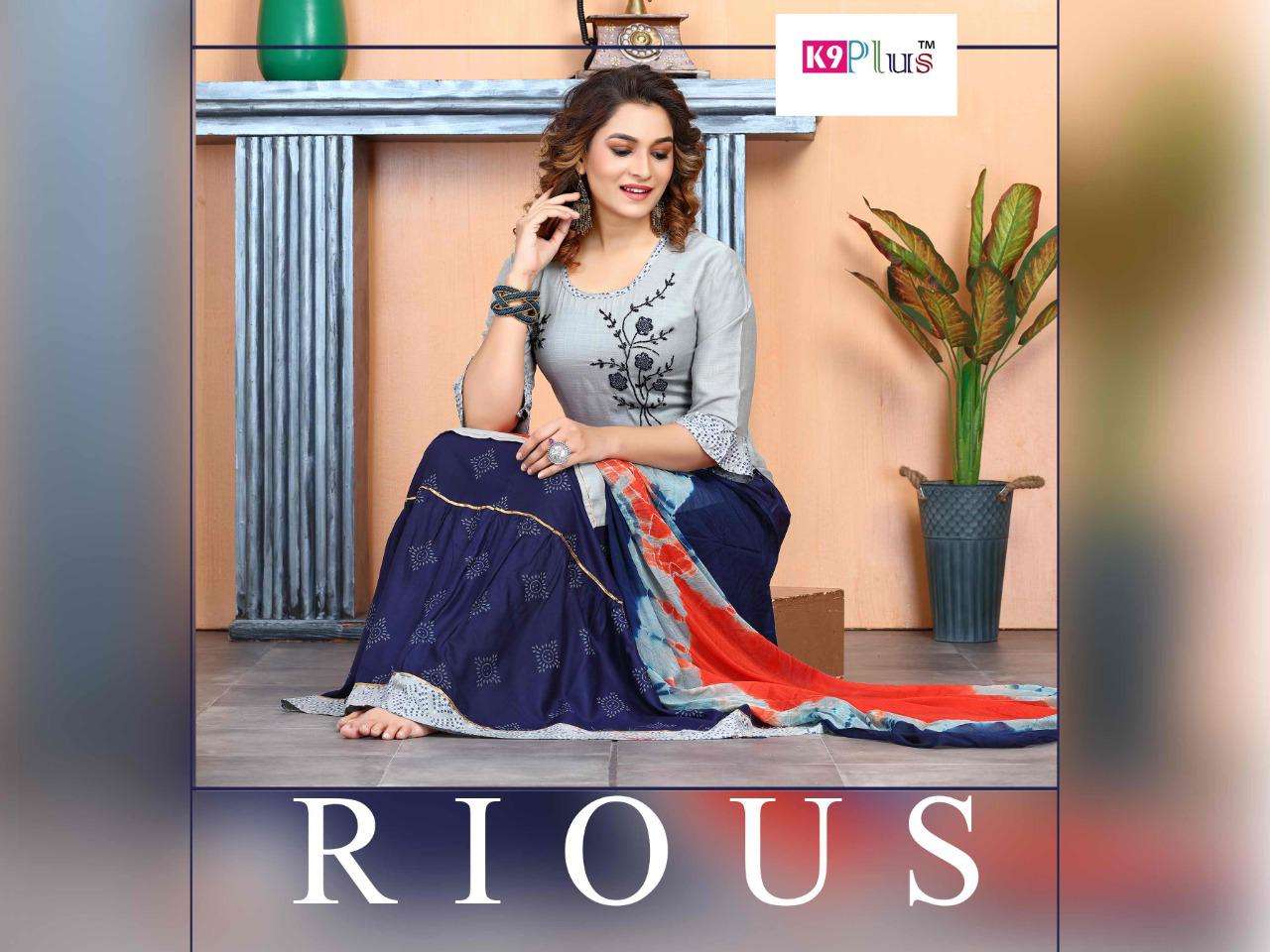 RIOUS BY K9 PLUS 001 TO 008 SERIES BEAUTIFUL SHARARA SUITS COLORFUL STYLISH FANCY CASUAL WEAR & ETHNIC WEAR HEAVY RAYON EMBROIDERED DRESSES AT WHOLESALE PRICE