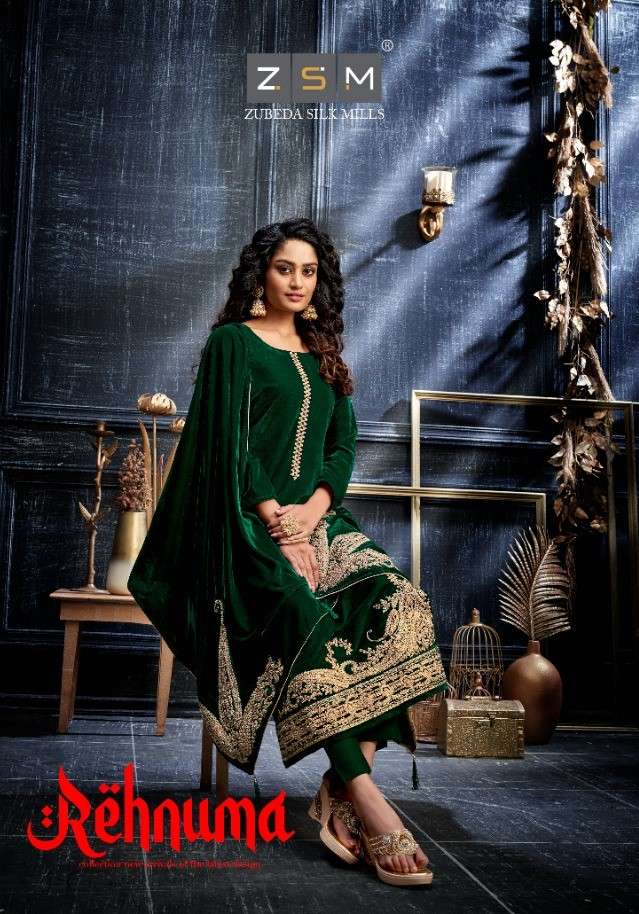 REHNUMA BY ZSM 1001 TO 1005 SERIES BEAUTIFUL STYLISH SUITS FANCY COLORFUL CASUAL WEAR & ETHNIC WEAR & READY TO WEAR PURE VELVET DRESSES AT WHOLESALE PRICE