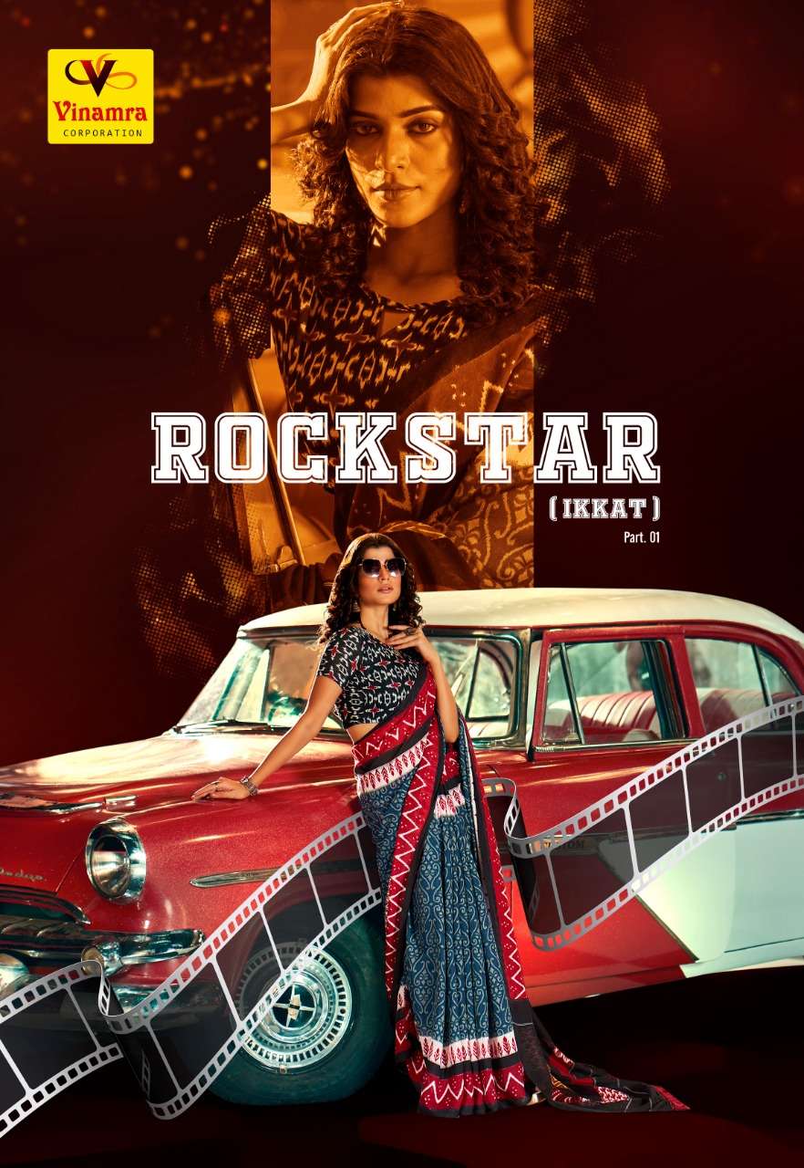 ROCK STAR BY VINAMRA 8001 TO 8008 SERIES INDIAN TRADITIONAL WEAR COLLECTION BEAUTIFUL STYLISH FANCY COLORFUL PARTY WEAR & OCCASIONAL WEAR COTTON IKKAT SAREES AT WHOLESALE PRICE