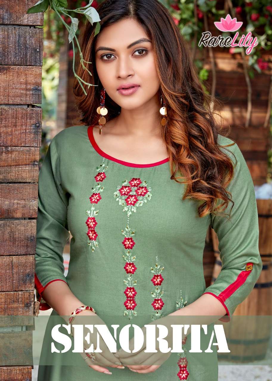 SENORITA BY RARE LILY 1001 TO 1009 SERIES DESIGNER STYLISH FANCY COLORFUL BEAUTIFUL PARTY WEAR & ETHNIC WEAR COLLECTION RAYON WITH WORK KURTIS AT WHOLESALE PRICE
