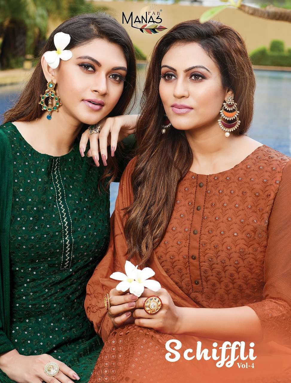 SCHIFFLI VOL-4 BY MANAS FAB 7019 TO 7024 SERIES BEAUTIFUL SUITS COLORFUL STYLISH FANCY CASUAL WEAR & ETHNIC WEAR GEORGETTE WITH SCHIFFLI WORK DRESSES AT WHOLESALE PRICE