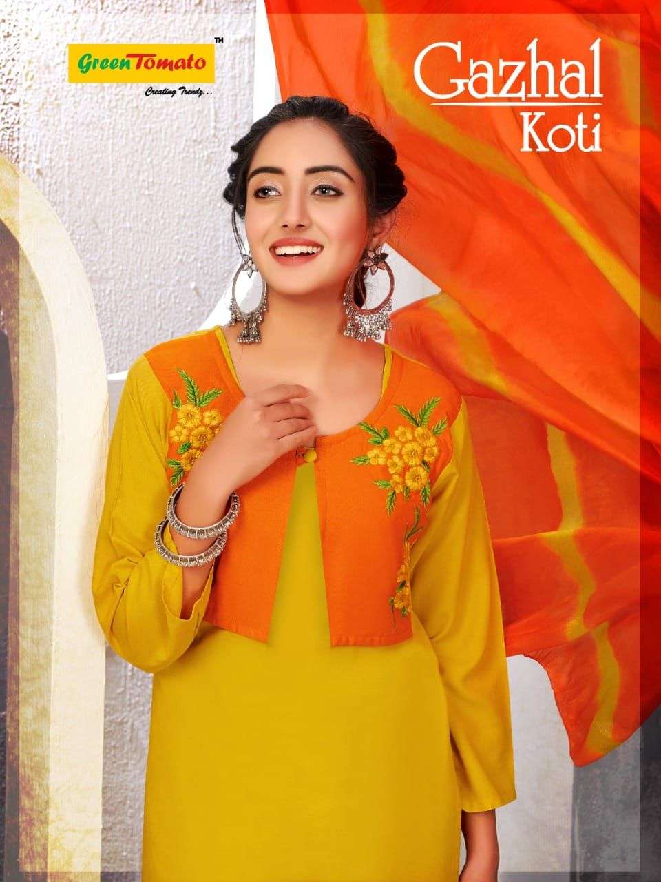 GAZHAL KOTI BY GREEN TOMATO 001 TO 008 SERIES BEAUTIFUL PATIALA SUITS COLORFUL STYLISH FANCY CASUAL WEAR & ETHNIC WEAR HEAVY RAYON EMBROIDERED DRESSES AT WHOLESALE PRICE