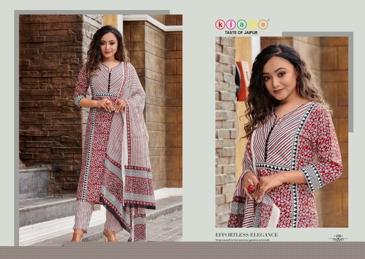 KIAMA VOL-1 BY KIAMA 101 TO 105 SERIES BEAUTIFUL SUITS COLORFUL STYLISH FANCY CASUAL WEAR & ETHNIC WEAR PURE COTTON PRINT DRESSES AT WHOLESALE PRICE