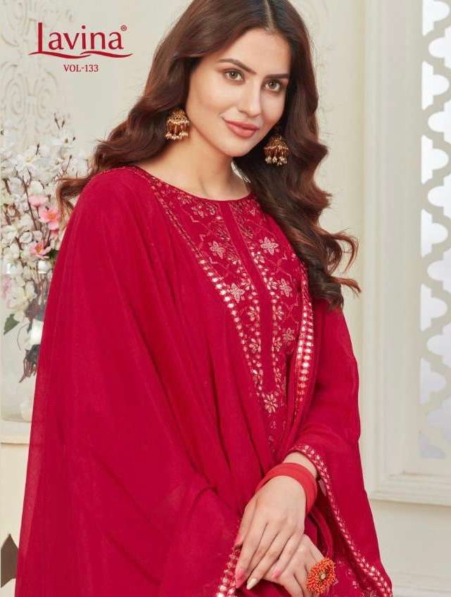 LAVINA VOL 133 BY LAVINA 133-001 TO 133-004 SERIES BEAUTIFUL SHARARA SUITS STYLISH FANCY COLORFUL CASUAL WEAR & ETHNIC WEAR CHINNON EMBROIDERED DRESSES AT WHOLESALE PRICE