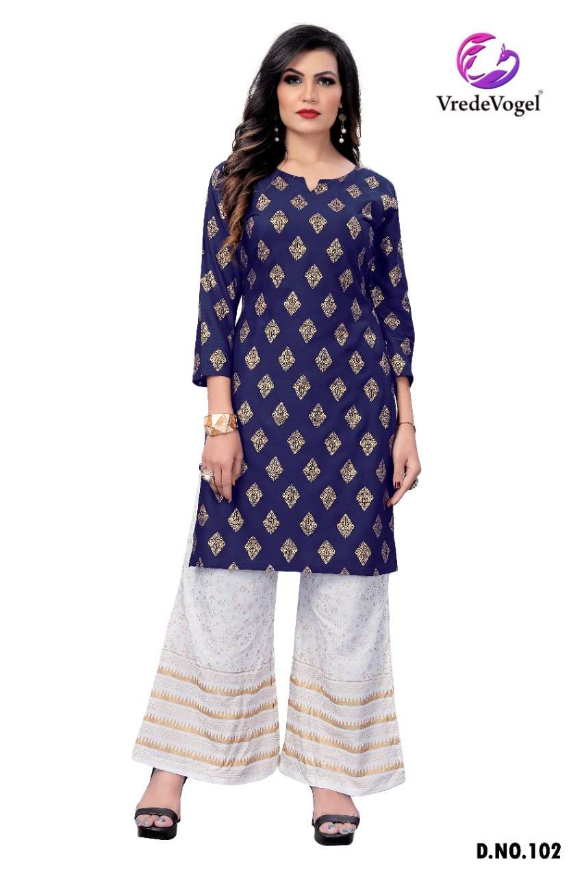 RIMI BY VREDE VOGEL 101 TO 110 SERIES DESIGNER STYLISH FANCY COLORFUL BEAUTIFUL PARTY WEAR & ETHNIC WEAR COLLECTION HEAVY RAYON FOIL PRINT KURTIS WITH BOTTOM AT WHOLESALE PRICE