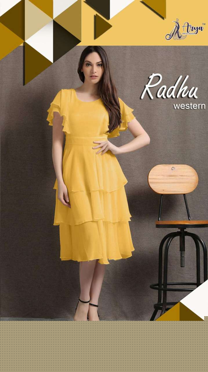 RADHU BY ARYA DRESS MAKER 701 TO 706 SERIES DESIGNER STYLISH FANCY COLORFUL BEAUTIFUL PARTY WEAR & ETHNIC WEAR COLLECTION FAUX GEORGETTE KURTIS AT WHOLESALE PRICE