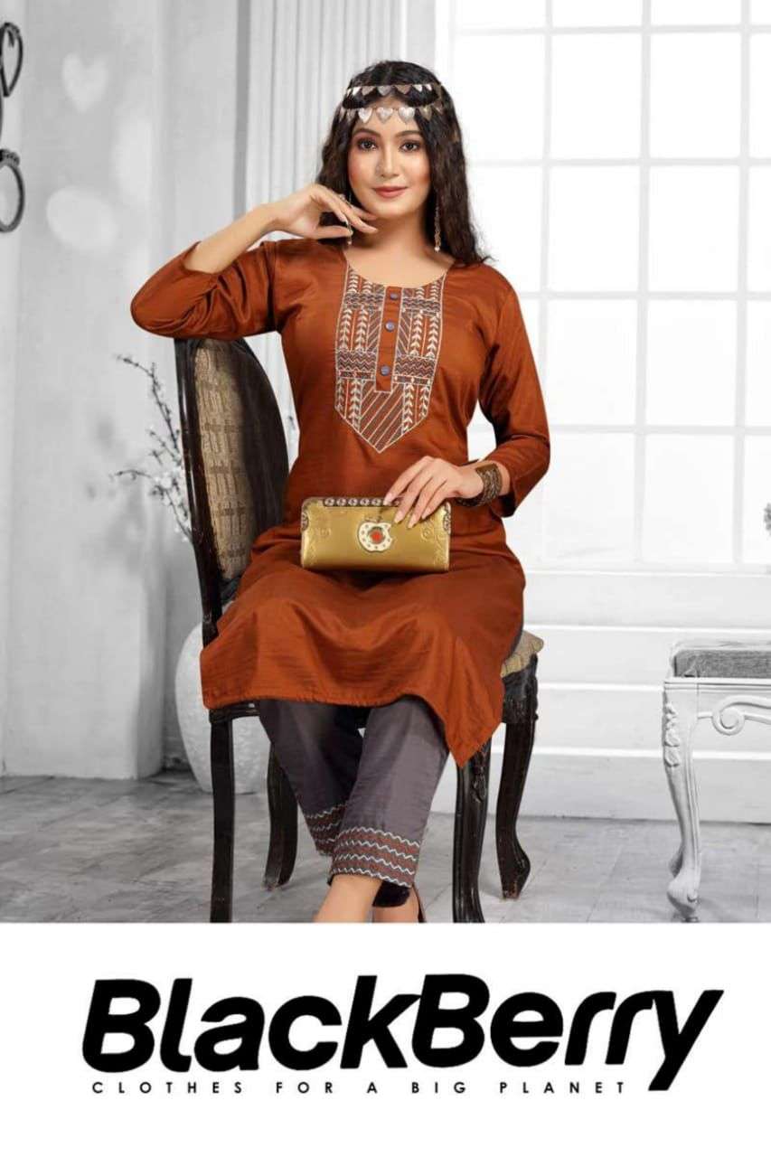 BLACKBERRY BY RAZZO EXPORTS 1001 TO 1008 SERIES DESIGNER STYLISH FANCY COLORFUL BEAUTIFUL PARTY WEAR & ETHNIC WEAR COLLECTION CHINNON SILK EMBROIDERED KURTIS WITH BOTTOM AT WHOLESALE PRICE
