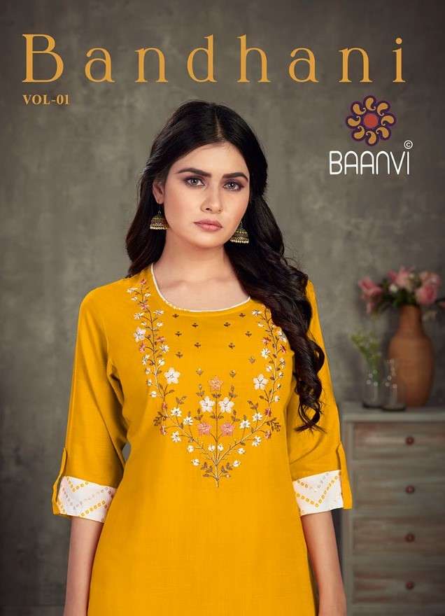 BANDHANI VOL-1 BY BAANVI 1001 TO 1004 SERIES DESIGNER STYLISH FANCY COLORFUL BEAUTIFUL PARTY WEAR & ETHNIC WEAR COLLECTION RAYON SLUB WITH WORK KURTIS WITH BOTTOM AT WHOLESALE PRICE