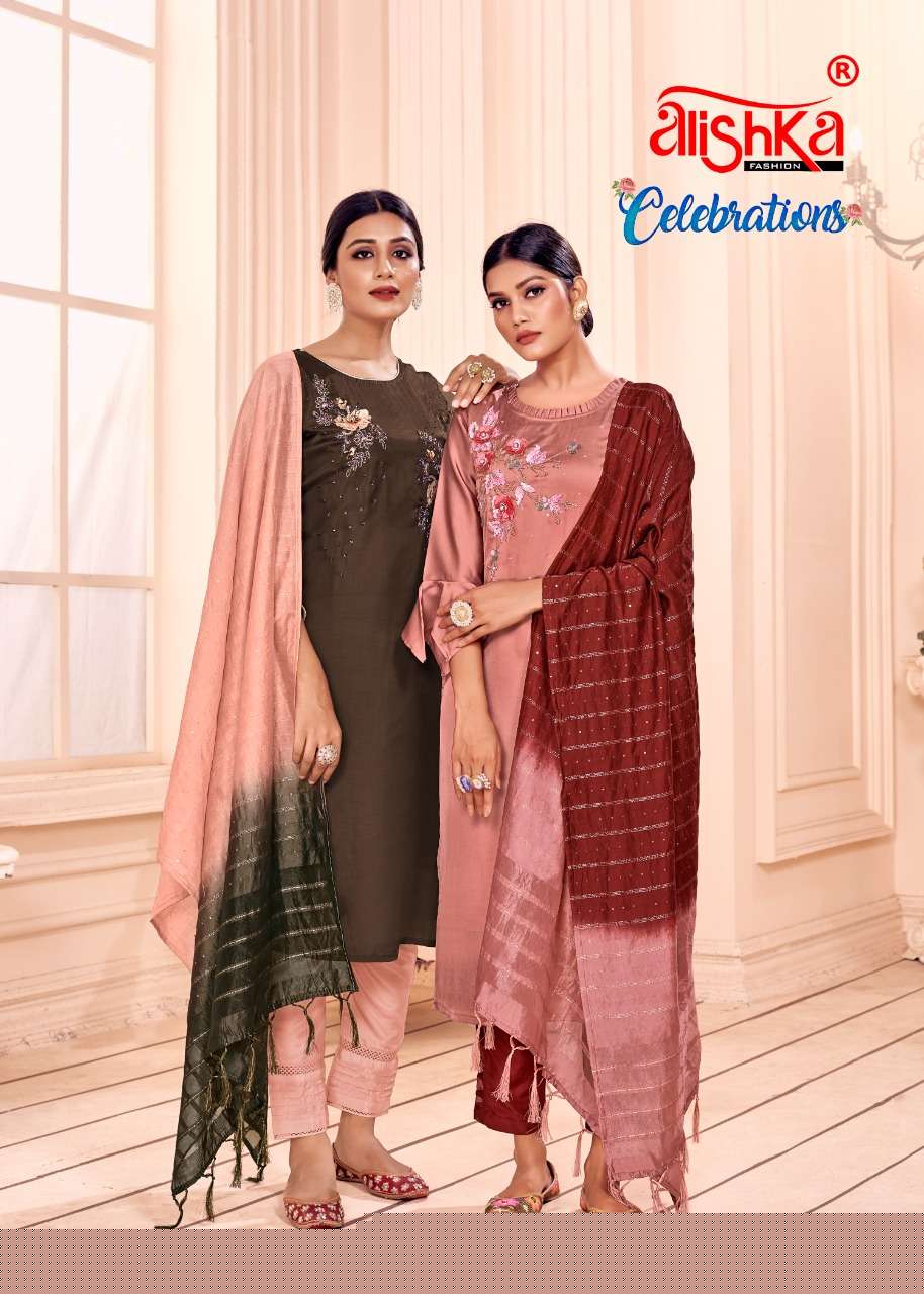 CELEBRATIONS BY ALISHKA FASHION 1001 TO 1006 SERIES BEAUTIFUL SUITS COLORFUL STYLISH FANCY CASUAL WEAR & ETHNIC WEAR SILK DRESSES AT WHOLESALE PRICE