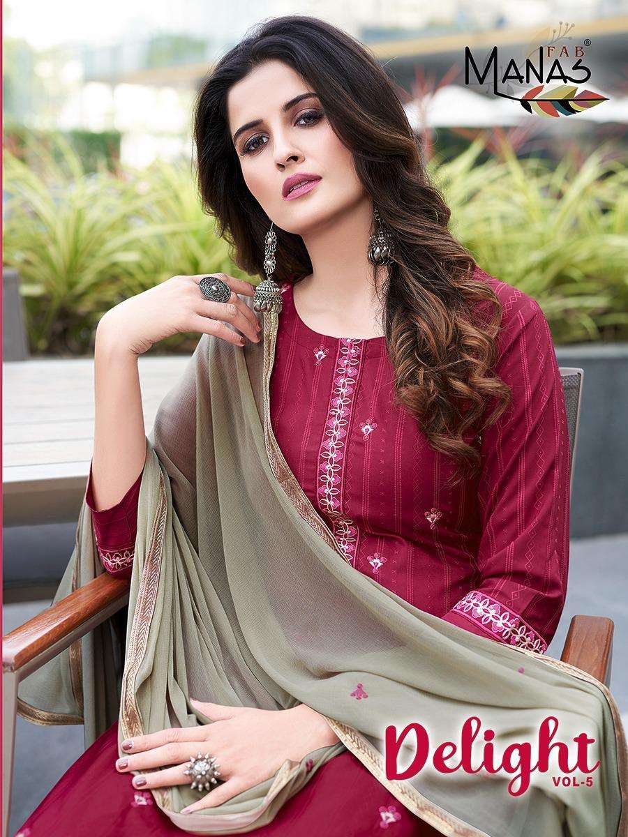 DELIGHT VOL-5 BY MANAS FAB 1025 TO 1030 SERIES BEAUTIFUL SUITS COLORFUL STYLISH FANCY CASUAL WEAR & ETHNIC WEAR CHINNON SILK WITH EMBROIDERY DRESSES AT WHOLESALE PRICE