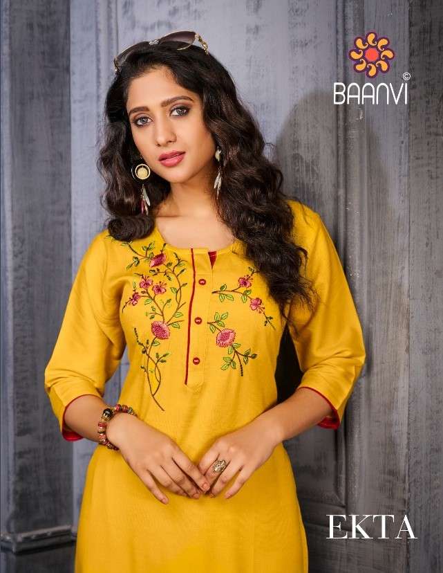 EKTA BY BAANVI 101 TO 104 SERIES DESIGNER STYLISH FANCY COLORFUL BEAUTIFUL PARTY WEAR & ETHNIC WEAR COLLECTION NAMO SLUB EMBROIDERY KURTIS AT WHOLESALE PRICE