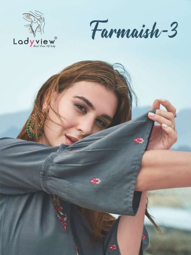 FARMAISH VOL-3 BY LADY VIEW 3001 TO 3008 SERIES BEAUTIFUL STYLISH FANCY COLORFUL CASUAL WEAR & ETHNIC WEAR HEAVY RAYON EMBROIDERED TOPS AT WHOLESALE PRICE